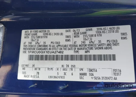 2014 Ford Escape Se z USA, uszkodzony, nr VIN 1FMCU0GX1EUA27482